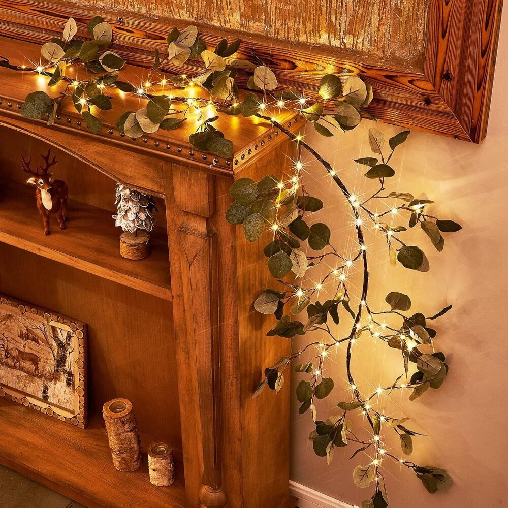 Decorative Garland Lights 6FT 96 LED Fairy Lights, Lighted Eucalyptus Twig Garla